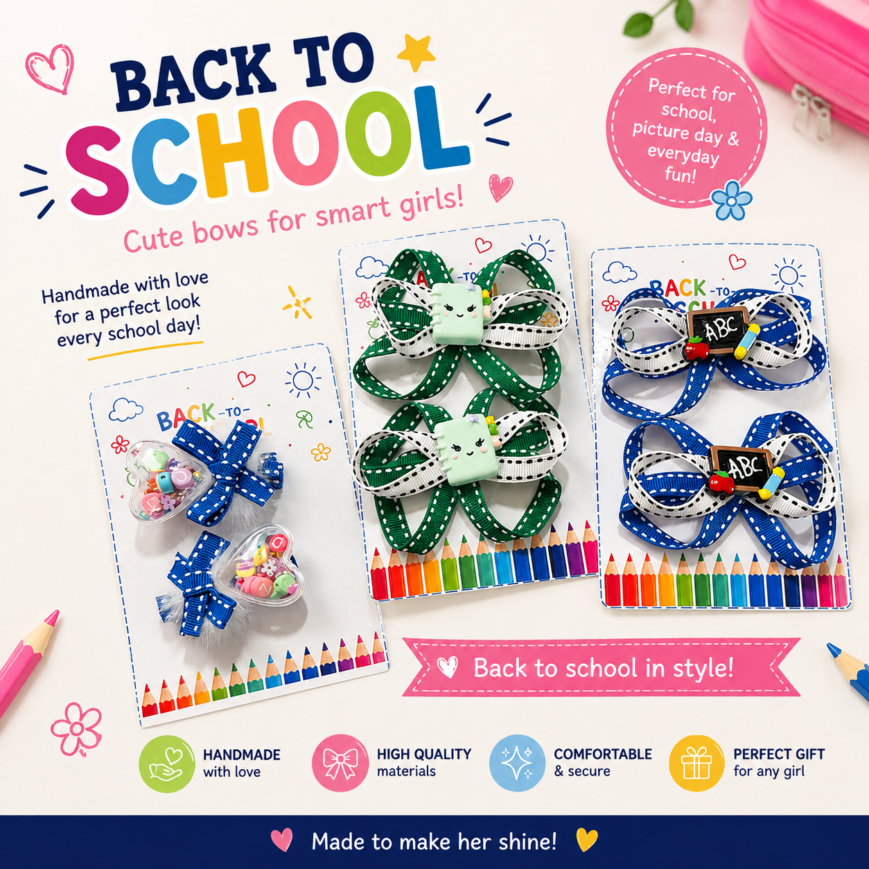 📚 Back to School Hair Clip Set | Pencil, Notebook & Apple | 3 Pairs