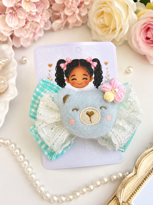 Blue Teddy Lace Bow Clip